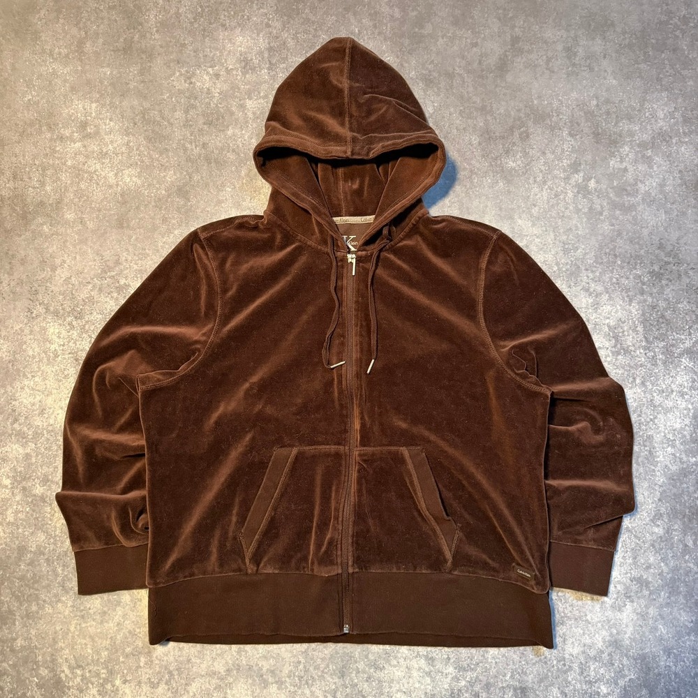 Y2K Calvin Klein Velour Hoodie Zip Up Brown Women's‎ XXL Casual Comfort